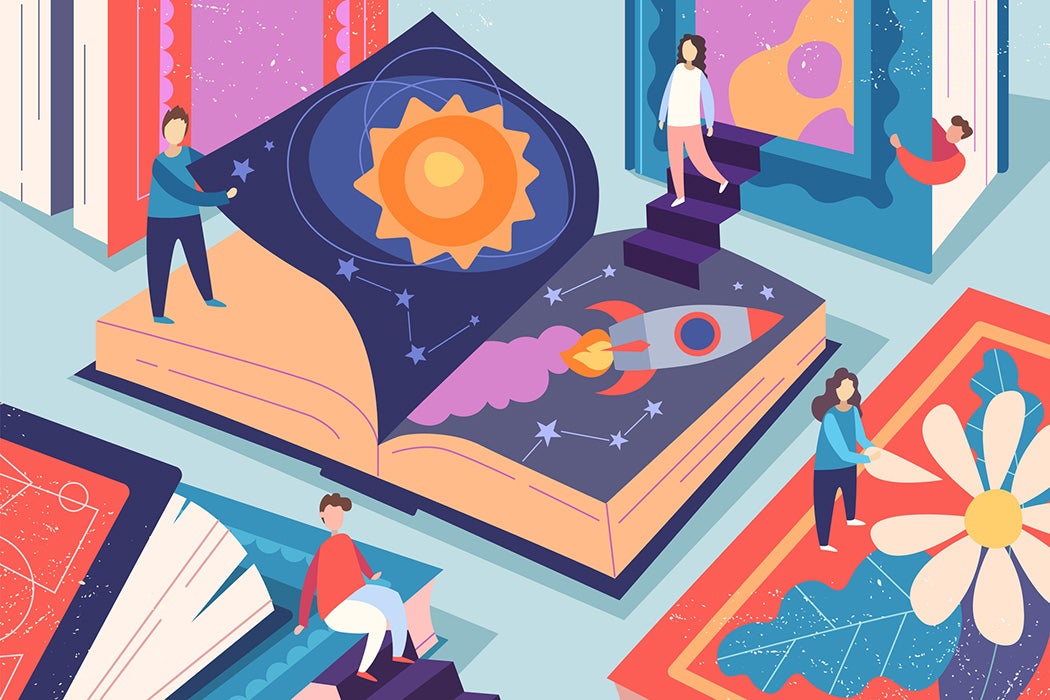 Cute tiny people reading different books, giant textbooks. Concept of book world, readers at library, literature lovers or fans. Colorful vector illustration in flat cartoon style