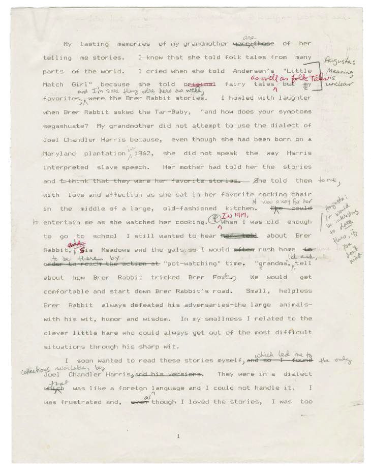 An essay draft written by Augusta Baker, with edits, regarding her personal childhood memories of storytelling and eventual work with developing inclusive literary experiences throughout her career.
