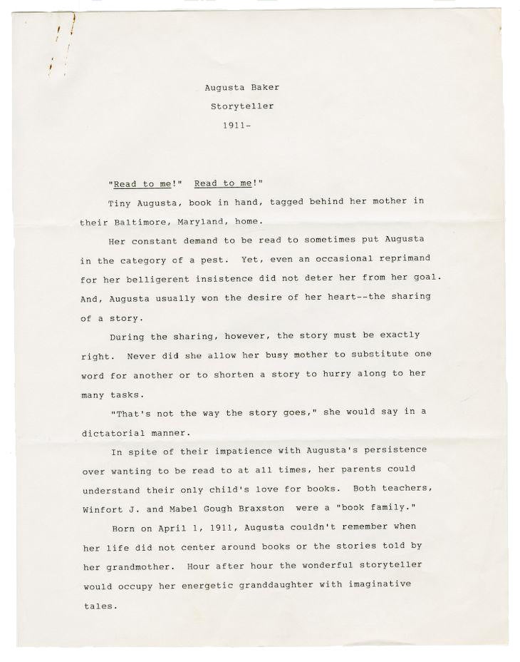 A biographical write-up, with notes, about Augusta Baker, author unknown.