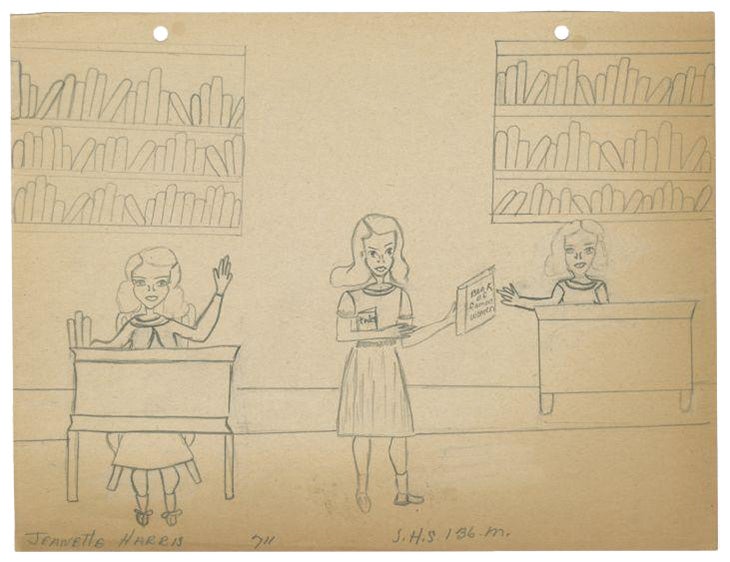 Children's art of a library, drawn by Jeanette Harris and sent to Augusta Baker.