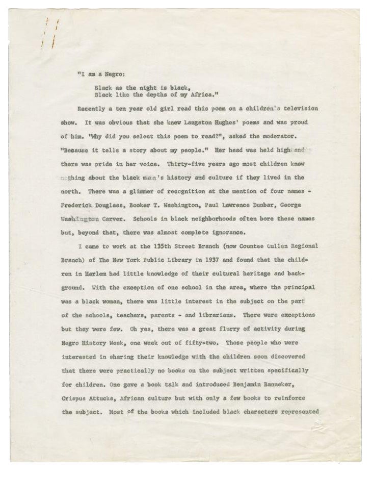 An essay written by Augusta Baker discussing her focus on Black children's library experiencs within the scope of her career at The New York Public Library. Click on the image to read more.