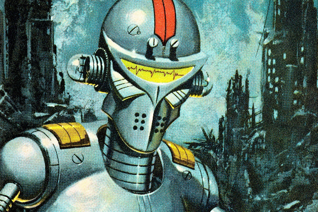 An illustration of a robot among city ruins