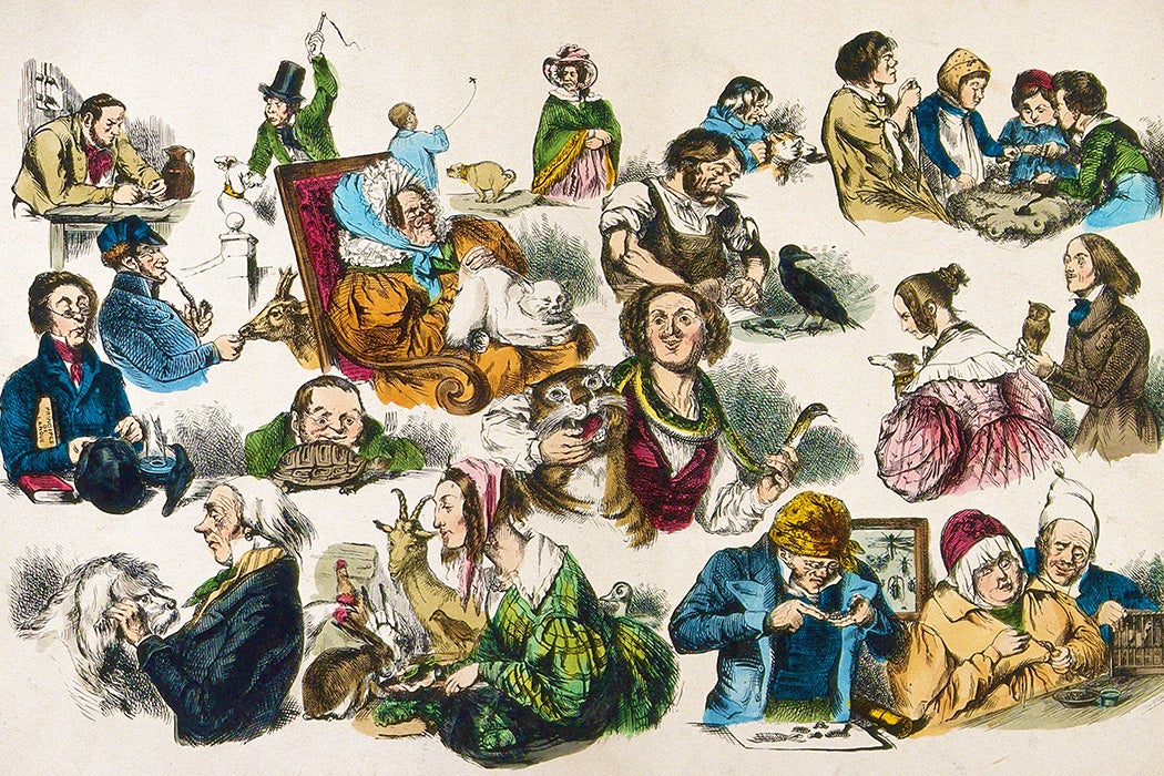 Humans shown in their relationships with their pet animals, including a man trying to teach his crow the principles of language and children snail racing.