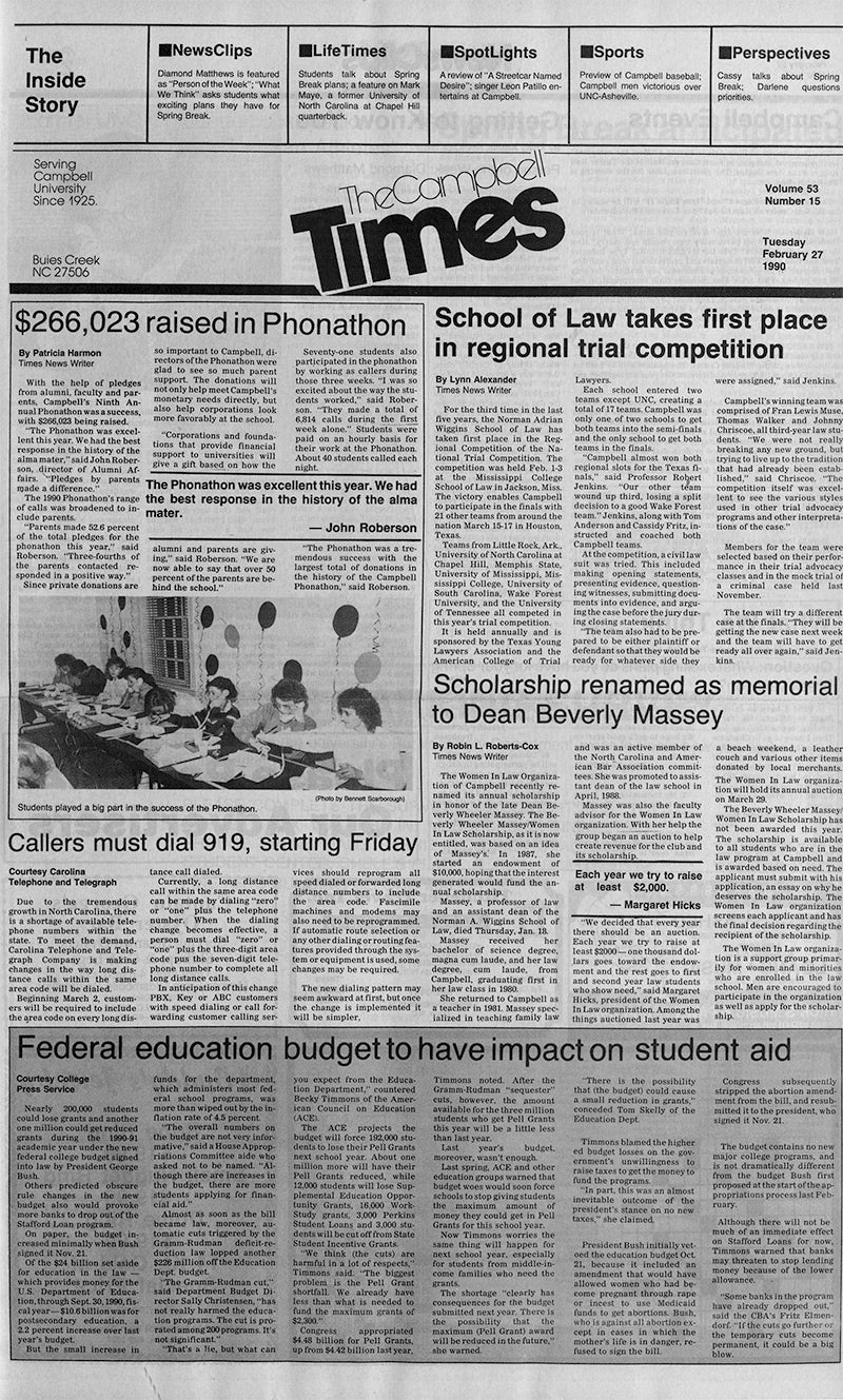 A February 1990 issue of Campbell University's Campbell Times.