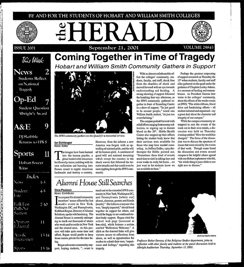 A September 2001 issue of Hobart and William Smith Colleges's The Herald.