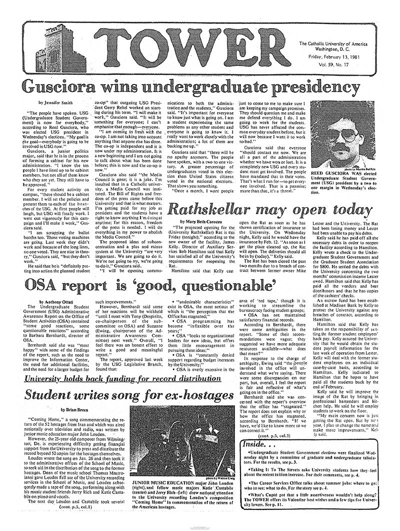 A February 1981 issue of The Catholic University of America's The Tower.