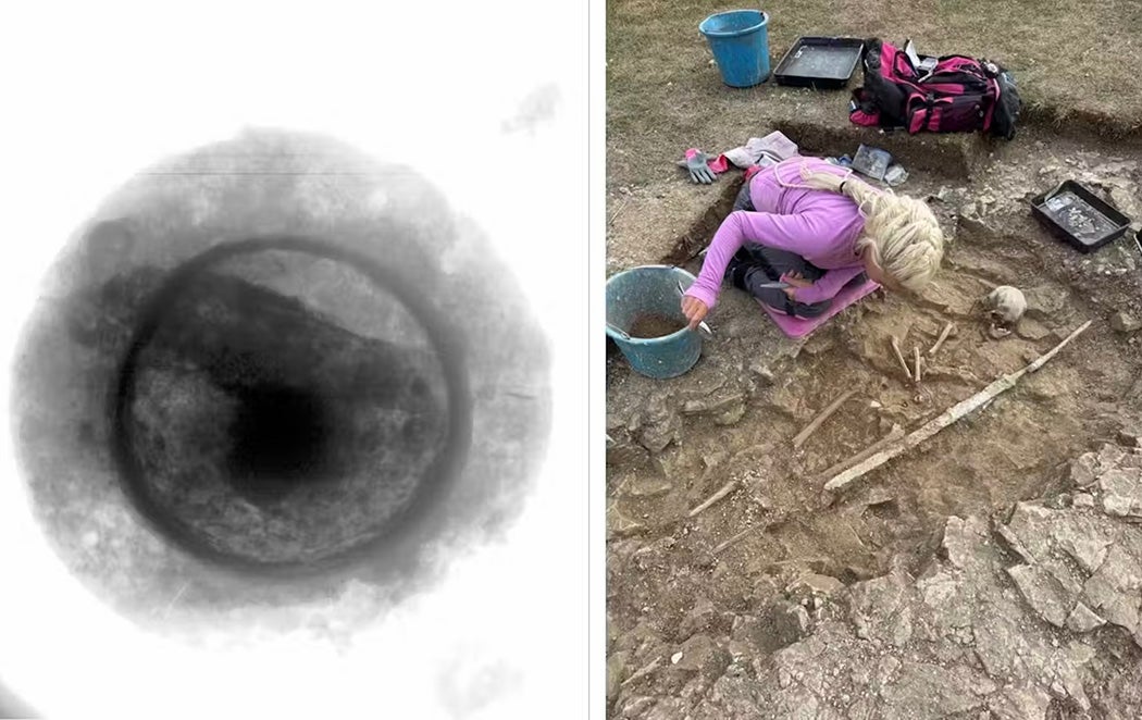 (Left) X-ray of a shield. (Right) The shield being discovered. Duncan Sayer 2025