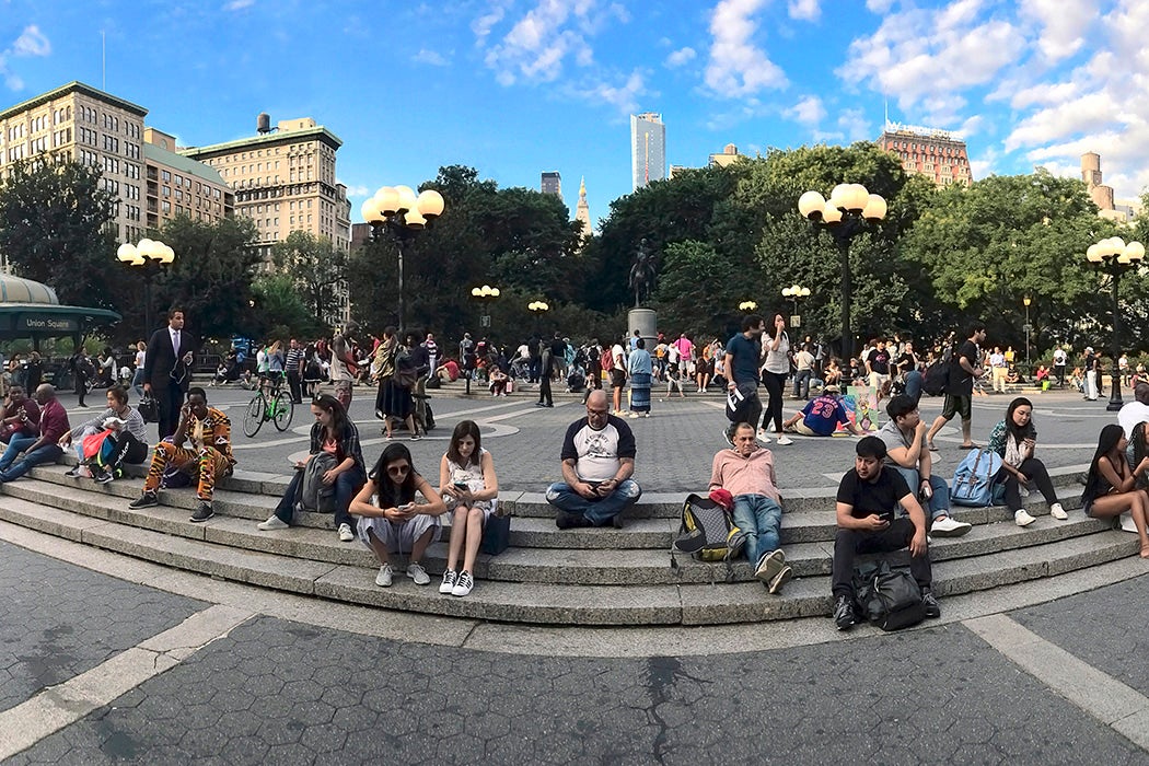Panoramic of 14th street and Union Square. Taken August 25, 2017 in New York.
